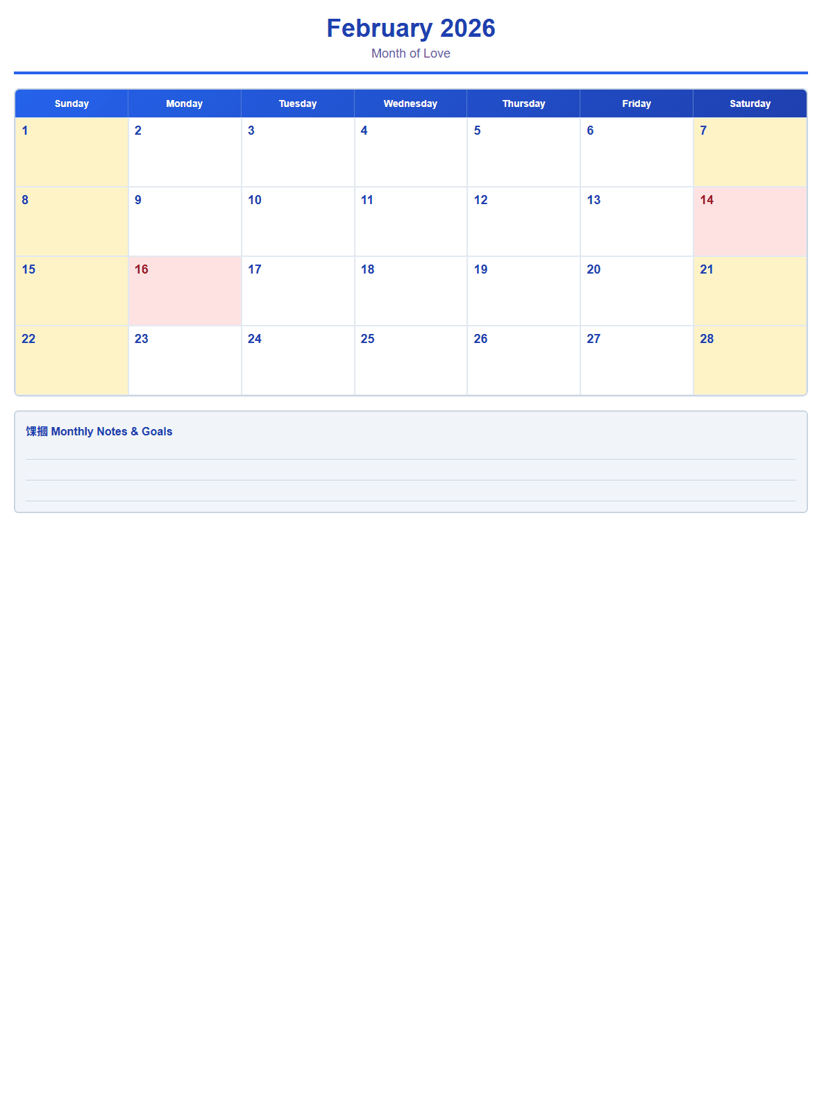 2026 Monthly Calendar (12 Pages) - Page 2