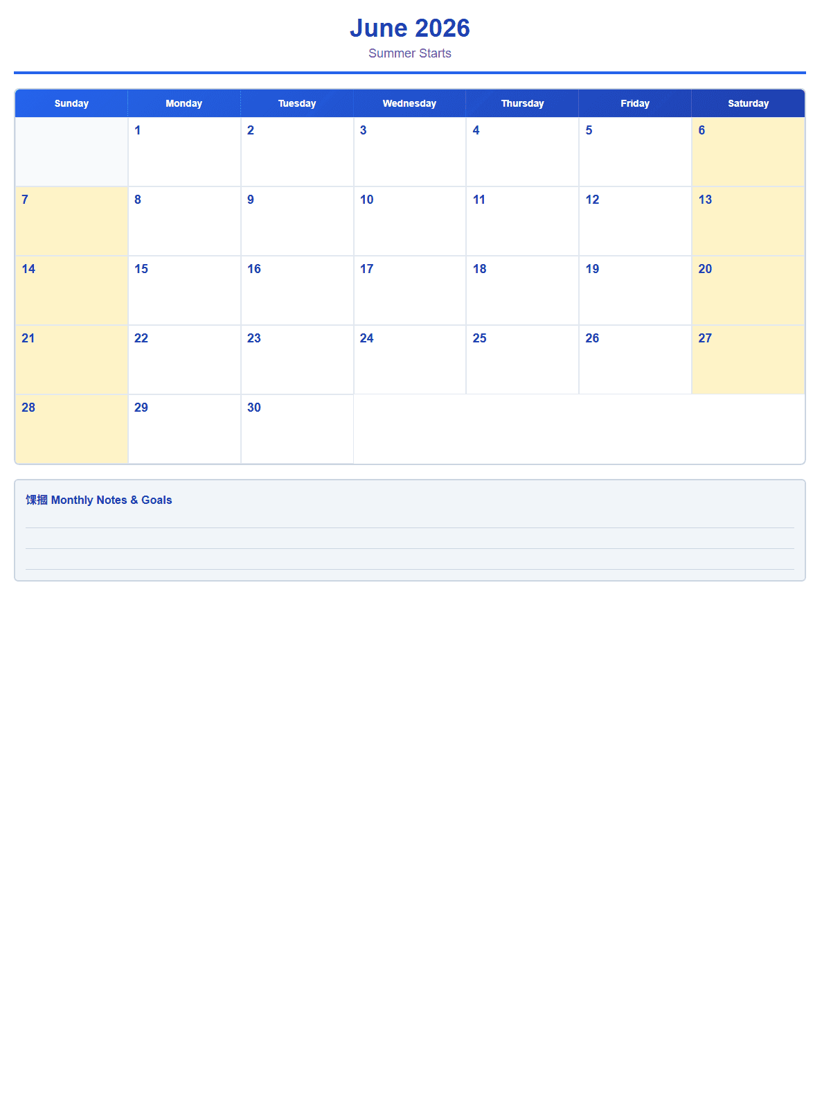 2026 Monthly Calendar (12 Pages) - Page 6