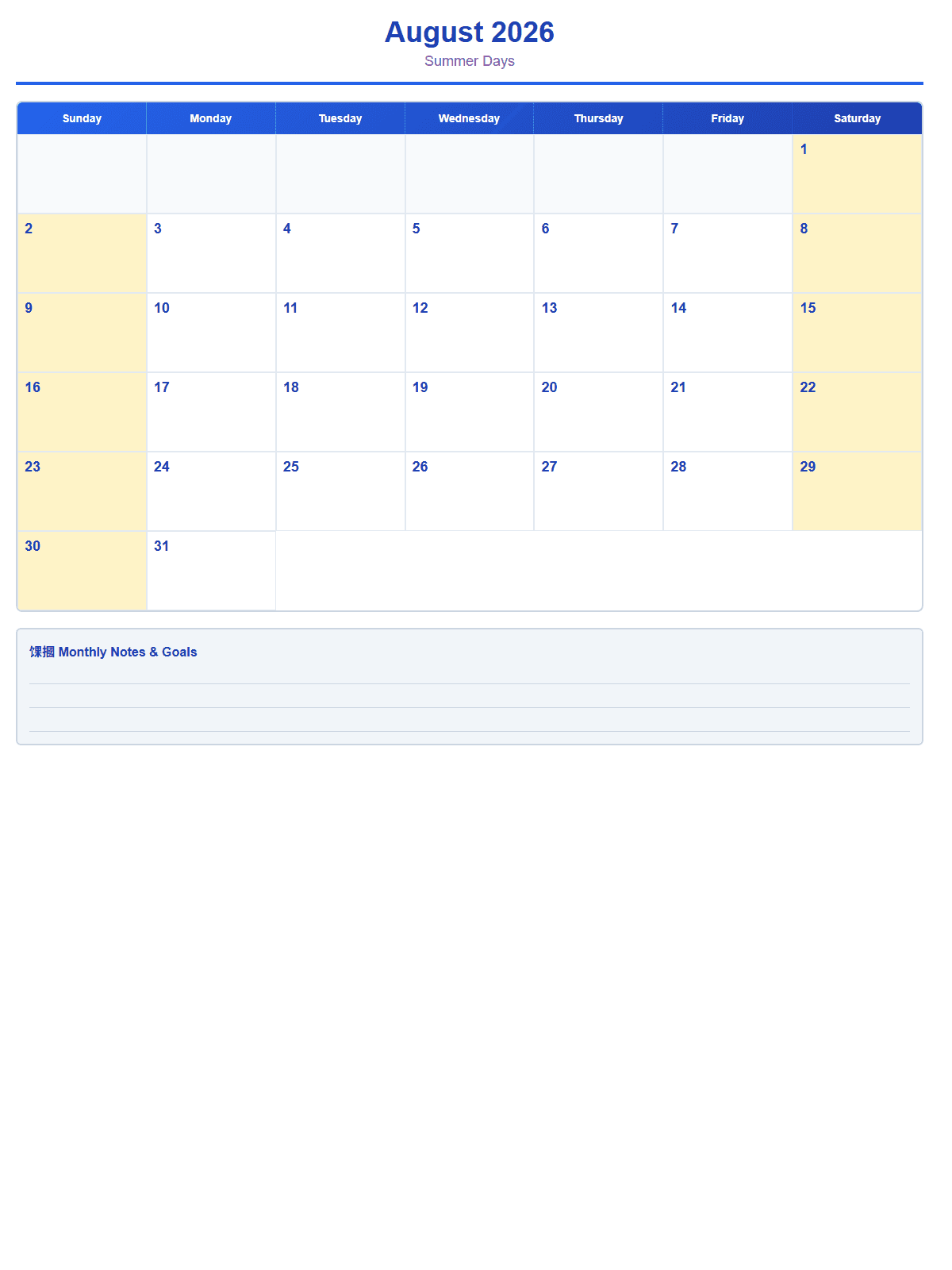 2026 Monthly Calendar (12 Pages) - Page 8