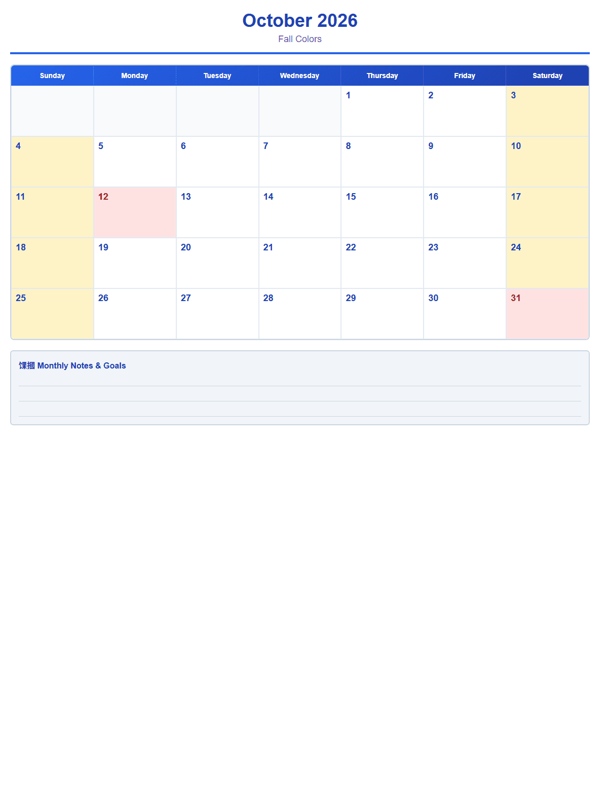 2026 Monthly Calendar (12 Pages) - Page 10