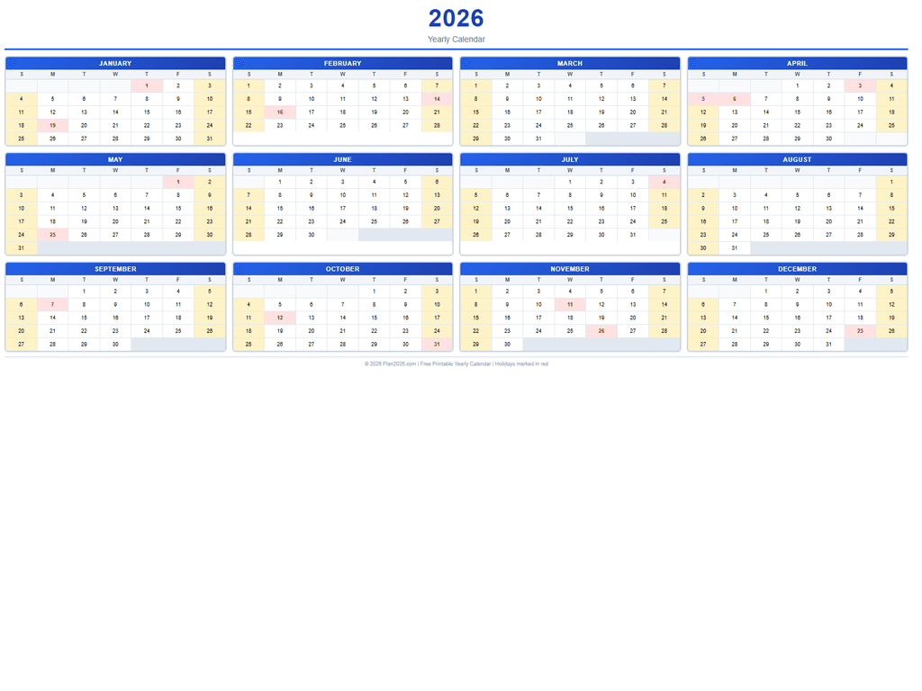 2026 Yearly Calendar
